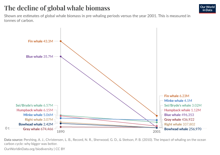 The decline of global whale biomass