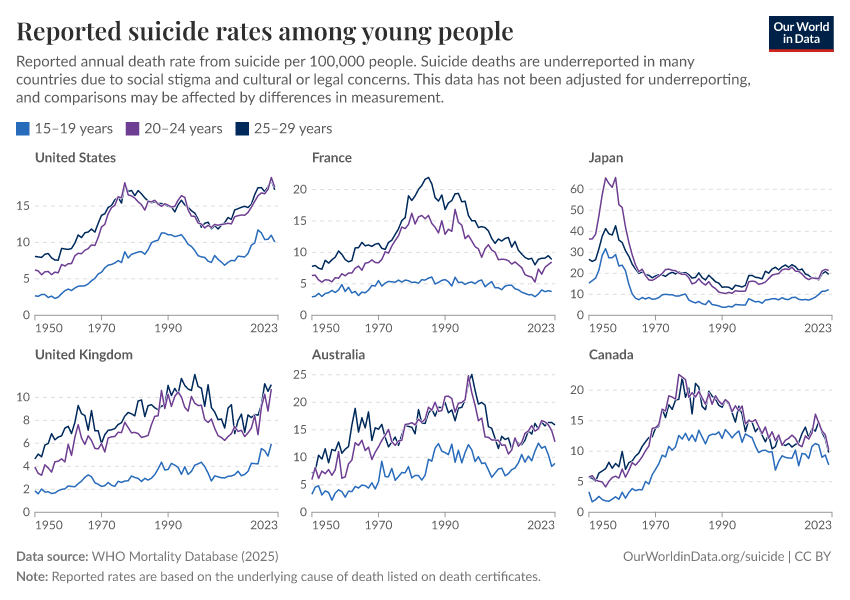 Reported suicide rates among young people